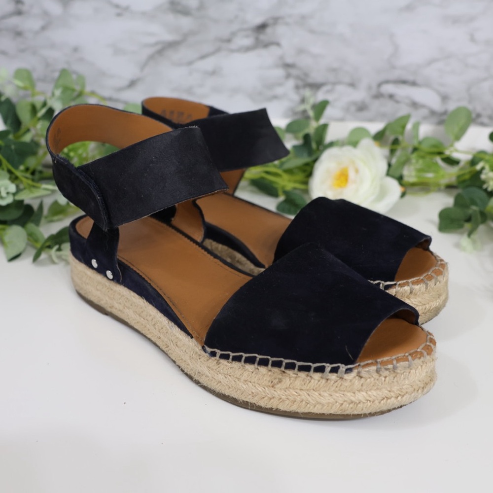 Sarto by Franco Sarto Oak Platform Wedge Espadrille Size 10.5 Open Toe Navy Jute